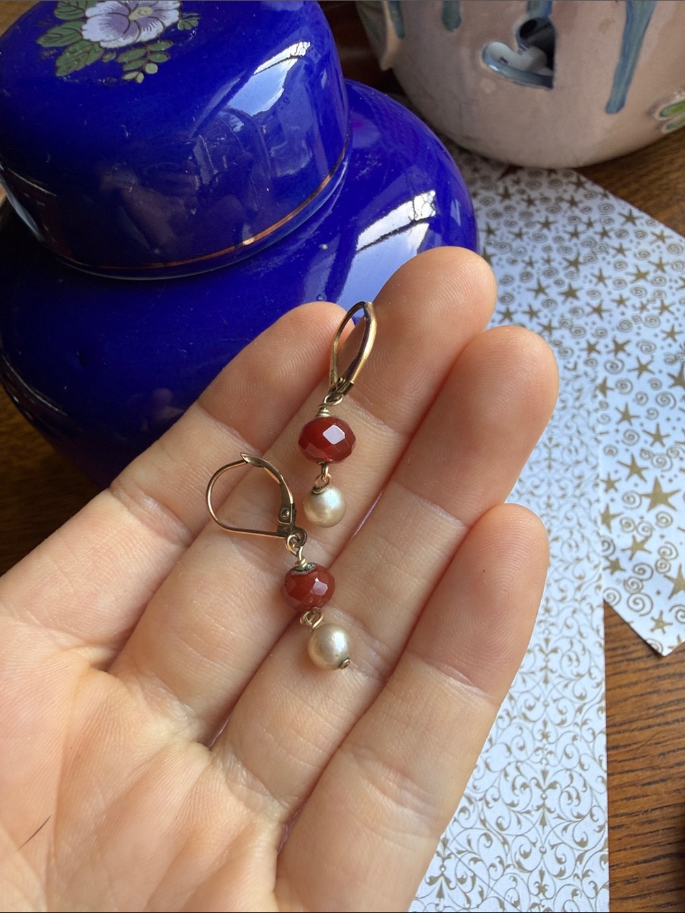 Vintage 14/20 gf pearls and faceted red stone droplet earrings